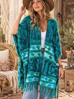 Free People Diamondback Cozy Kimono Poncho Emerald Green/Teal Aztec Southwest